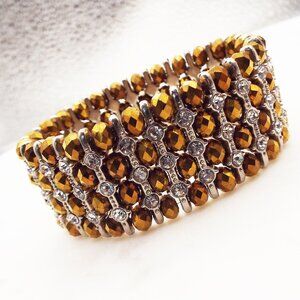 AWESOME COPPERY BRONZE FACETED CRYSTALS & SILVERY STRETCHY BRACELET E
